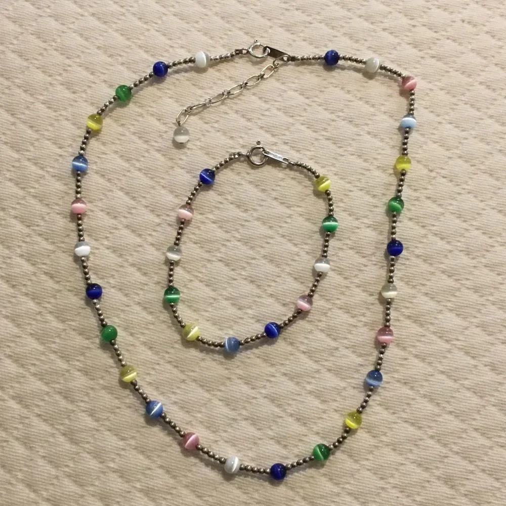 VTG Sterling Silver Multicolor Cats Eye Station Beaded Choker Necklace Extension